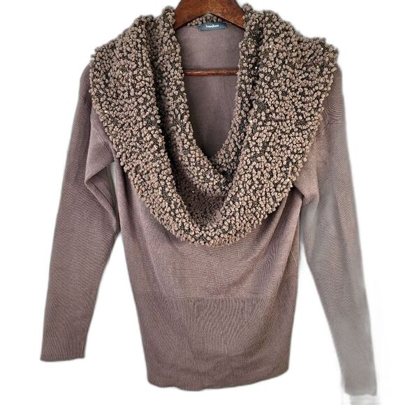 NWT Neiman Marcus Taupe Cowl Neck Pom-Pom Long Sleeved Sweater Sz S - Picture 1 of 8